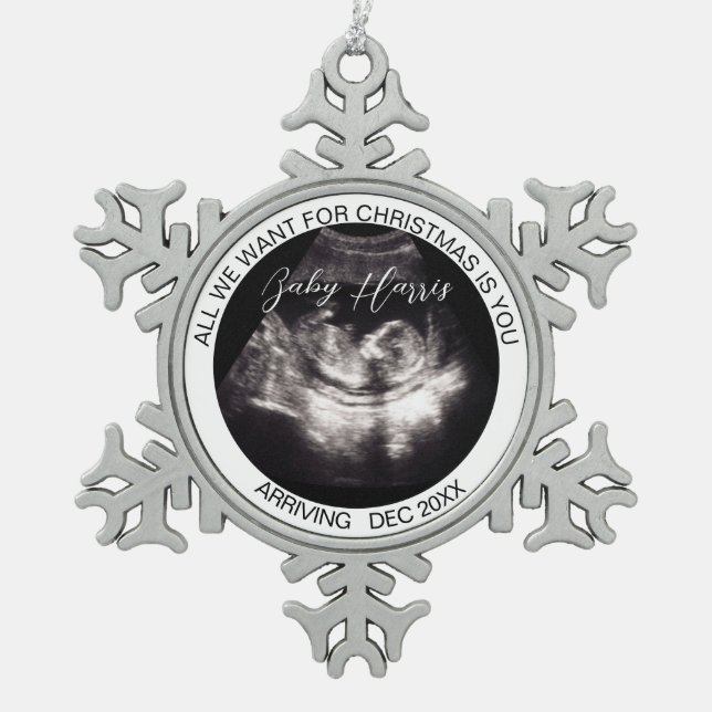 Grandparents Pregnancy Reveal Ultrasound Photo Snowflake Pewter Christmas Ornament (Front)