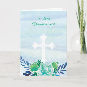 Grandparents Teal Blue Flowers with Cross Easter Holiday Card