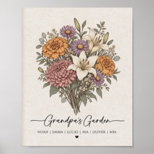 Grandpas Garden Personalised Family Birth Flower F Poster