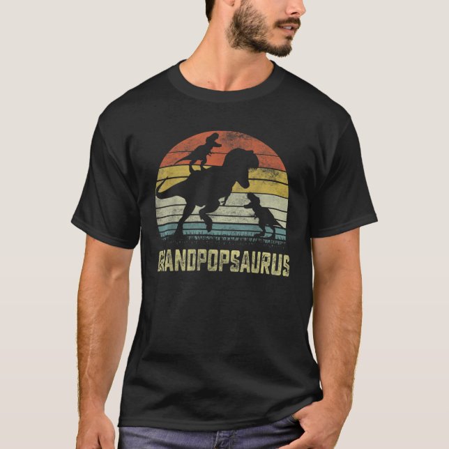 Grandpop saurus T Rex Dinosaur Grandpop 2 kids Fam T-Shirt (Front)