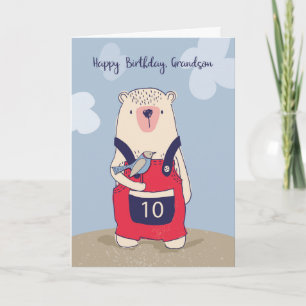Grandson 10 Year Old Bear and Bird Birthday Card