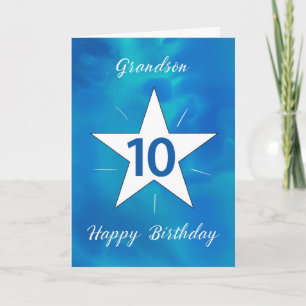 Grandson 10th Birthday Star Blue Green Watercolor Card