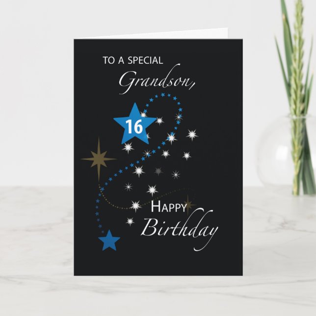 Grandson 16th Birthday Star Inspirational Blue Card (Front)