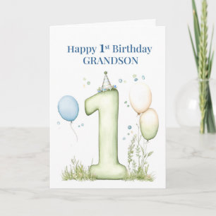 Grandson 1st Birthday Blue Balloon Number One Card