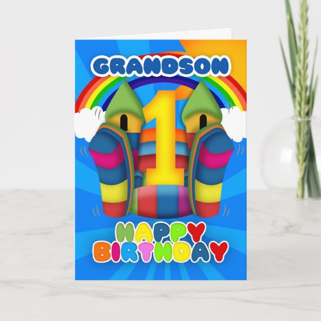 Grandson 1st Birthday Card With Bouncy Castle (Front)