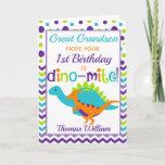 Grandson 1st Birthday Dinosaur Dino-Mite Card<br><div class="desc">A fabulous colourful polka dot and chevron birthday card for your Grandson,  Great Grandson or Great Nephew. Bright purple,  teal,  green and orange make this a eye catching and fun design. The perfect way to wish someone a happy birthday.</div>