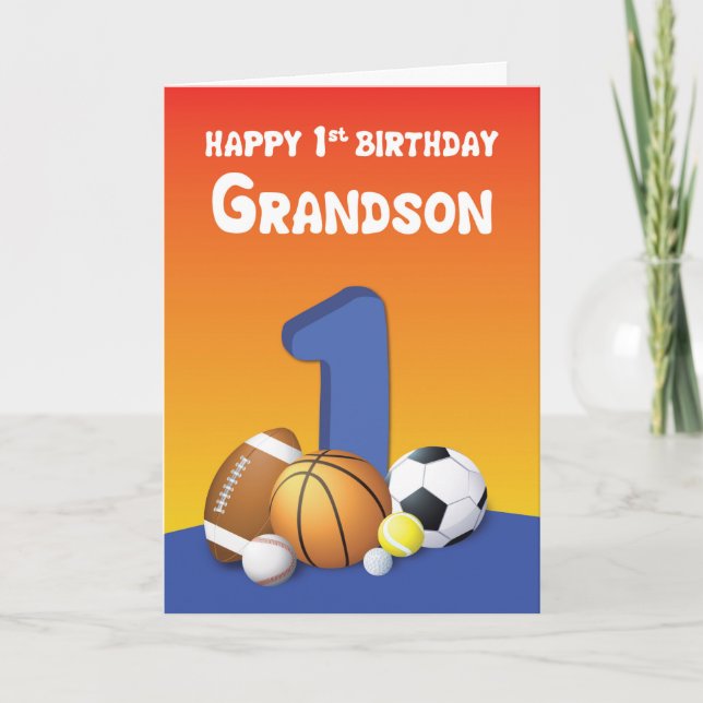 Grandson 1st Birthday Sports Balls Card (Front)