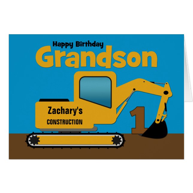 Grandson 1st Birthday Yellow Excavator Add Name (Front Horizontal)