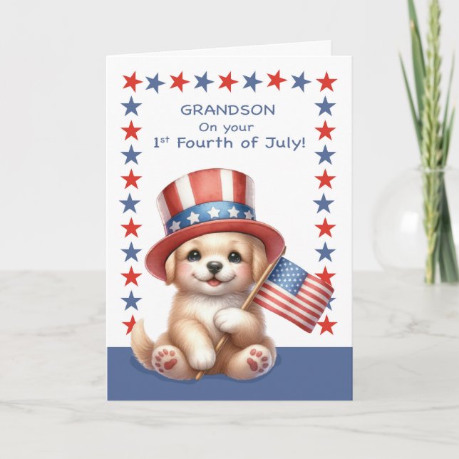 Grandson 1st Fourth of July Cute Dog With Hat Flag Card (Front)