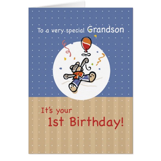 Grandson 1st Teddy Bear Balloon Birthday Card