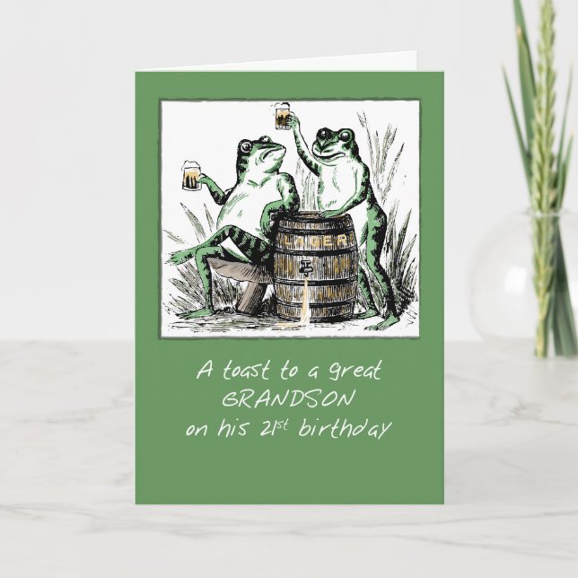 Grandson 21st Birthday Frogs Toasting Beer Card (Front)