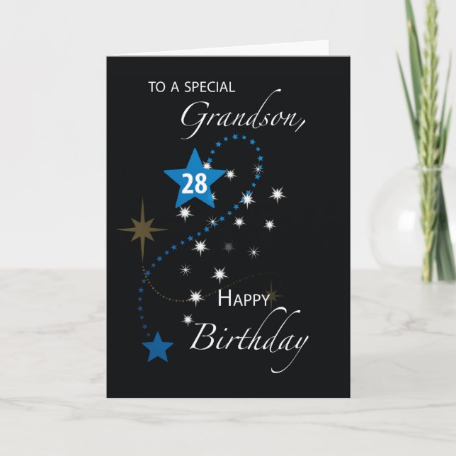 Grandson 28th Birthday Star Inspirational Black Card (Front)