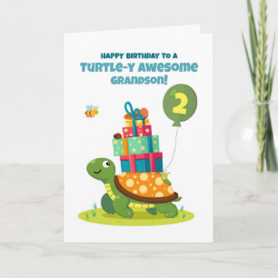 Grandson 2nd Birthday Cute Turtle with Presents Card