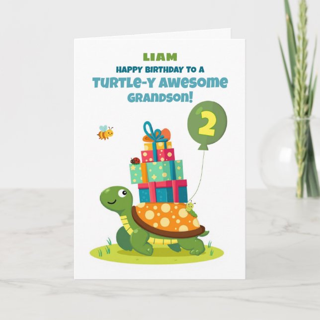 Grandson 2nd Birthday Personalise Cute Turtle Card (Front)