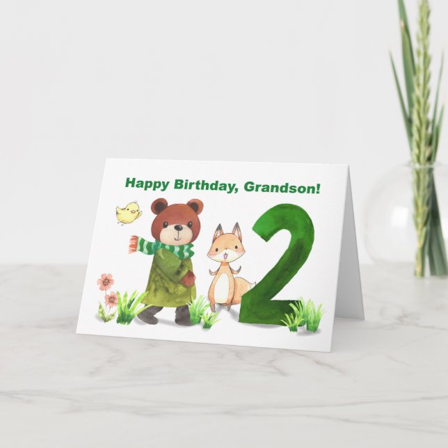 Grandson 2nd Birthday Watercolor Bear and Fox Card (Front)