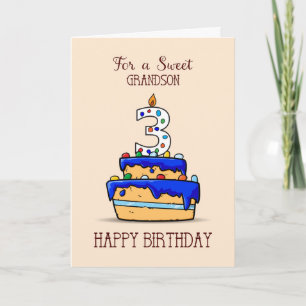 Grandson 3rd Birthday, 3 on Sweet Blue Cake Card