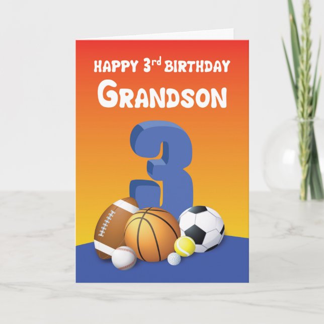 Grandson 3rd Birthday Sports Balls Card (Front)