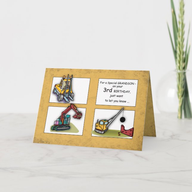 Grandson 3rd Birthday Trucks Card (Front)