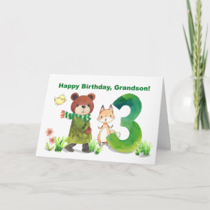 Grandson 3rd Birthday Watercolor Bear and Fox Card