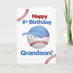 Grandson 4th Birthday Funny Baseball Face Card
