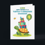 Grandson 4th Birthday Personalise Cute Turtle Card<br><div class="desc">Make his 4th birthday extra special with this personalised turtle card featuring his name. A smiling turtle with gifts and little animal friends creates a joyful and memorable birthday surprise for your grandson.</div>