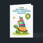 Grandson 4th Birthday Personalise Cute Turtle Card<br><div class="desc">Make his 4th birthday extra special with this personalised turtle card featuring his name. A smiling turtle with gifts and little animal friends creates a joyful and memorable birthday surprise for your grandson.</div>