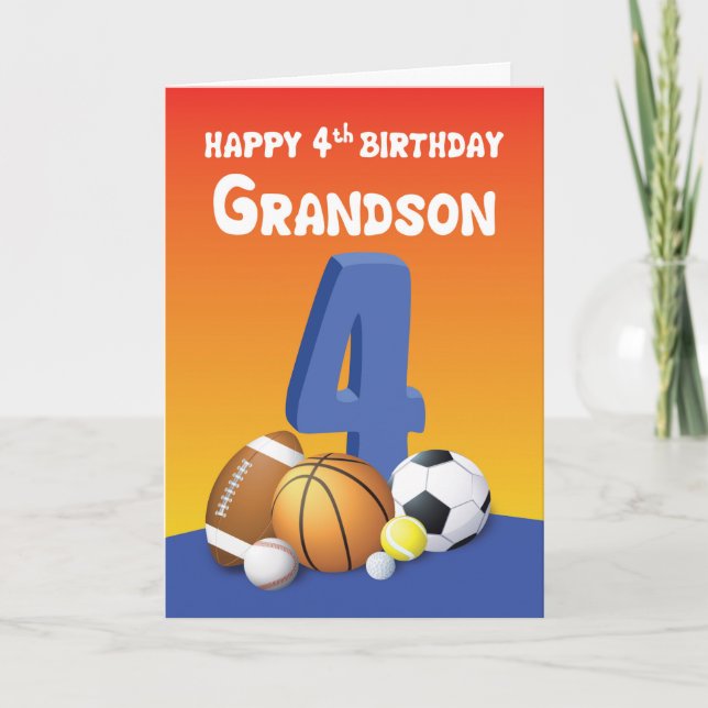 Grandson 4th Birthday Sports Balls Card (Front)