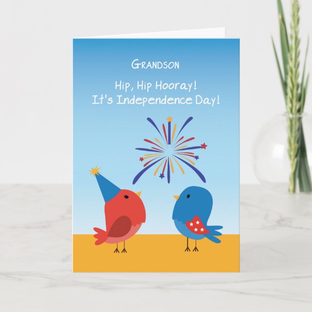 Grandson 4th of July Cute Birds Watching Fireworks Card (Front)