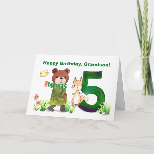 Grandson 5th Birthday Watercolor Bear and Fox Card (Front)