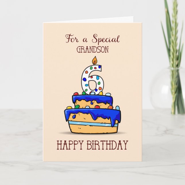 Grandson 6th Birthday, 6 on Sweet Blue Cake Card (Front)