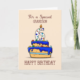 Grandson 6th Birthday, 6 on Sweet Blue Cake Card