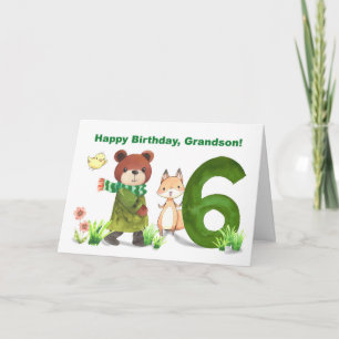 Grandson 6th Birthday Watercolor Bear and Fox Card