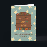 Grandson 8th Birthday Cute Custom Chocolate Cake Card<br><div class="desc">Celebrate your grandson's big day with this adorable 8th birthday card featuring a cute smiling choco cake character illustration, colourful sprinkles, and a cheerful “Happy Birthday” message. Set against a playful star background, this card is perfect for kids who love fun, silly, and sweet designs. Personalise it with the child’s...</div>