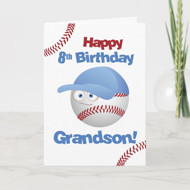 Grandson 8th Birthday Funny Baseball Face Card (Front)