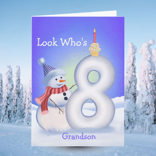 Grandson 8th Birthday Snowman Snowy Eight  Card