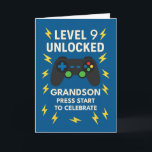 Grandson 9th Birthday Game Controller Age 9 Card<br><div class="desc">A bold and playful design for your grandson’s 9th birthday, this gamer-themed card features a video game controller and electric blue lightning bolts. The words "Level 9 Unlocked" mark the milestone, perfect for a kid who’s all about fun, buttons, and high scores. The inside message encourages adventure and celebrates all...</div>