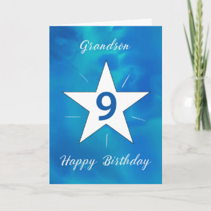 Grandson 9th Birthday Star Blue Green Watercolor Card