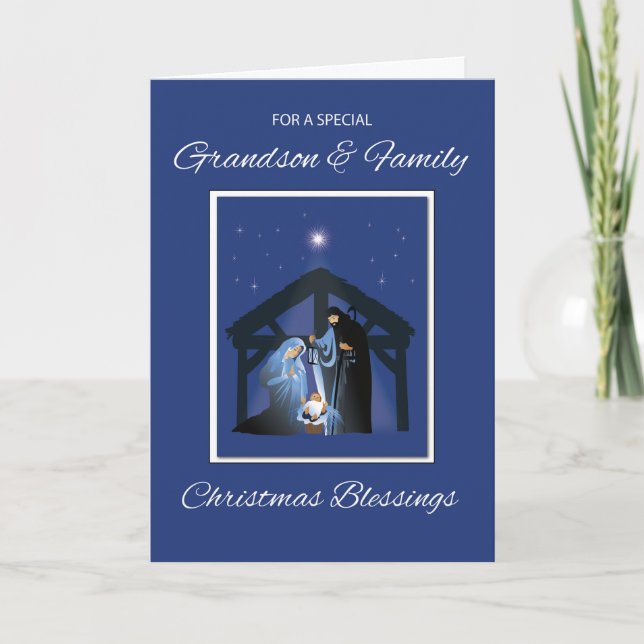 Grandson and Family Christmas Blessings Manger Card (Front)
