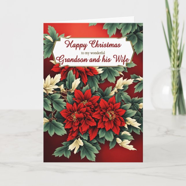 Grandson and his Wife Christmas Poinsettias Holiday Card (Front)