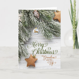 Grandson and Wife Christmas Snowy Pine and Stars Holiday Card