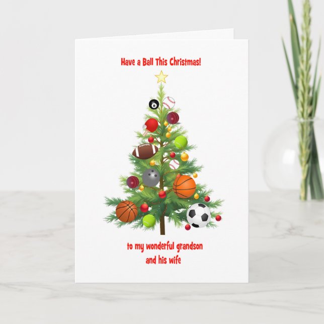 Grandson and Wife Christmas Tree With Sports Balls Holiday Card (Front)