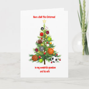 Grandson and Wife Christmas Tree With Sports Balls Holiday Card