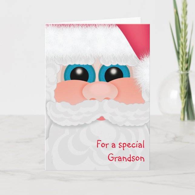 Grandson at Christmas Cute Santa Face Holiday Card (Front)
