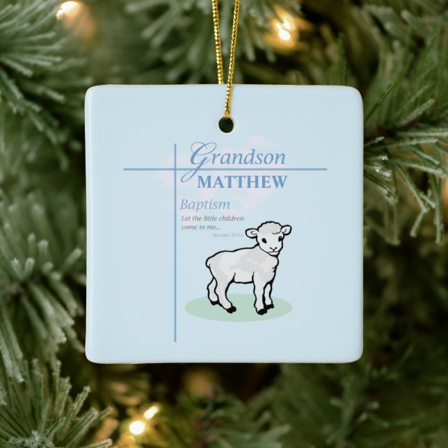 Grandson Baptism Blue Boy Lamb Personalised Ceramic Ornament (Tree)