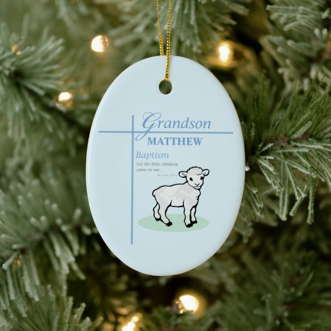 Grandson Baptism Blue Boy Lamb Personalised Ceramic Tree Decoration (Tree)