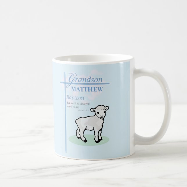 Grandson Baptism Blue Boy Lamb Personalised Coffee Mug (Right)