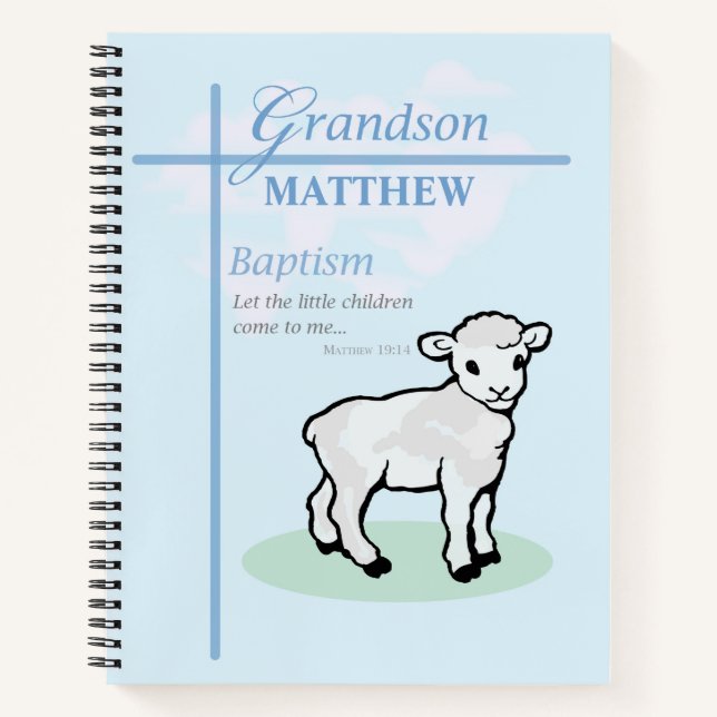 Grandson Baptism Blue Boy Lamb Personalised Notebook (Front)