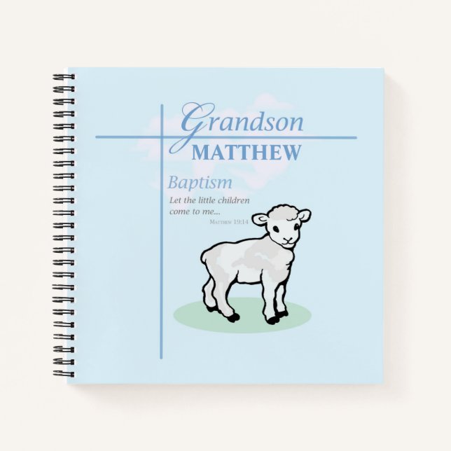 Grandson Baptism Blue Boy Lamb Personalised Notebook (Front)