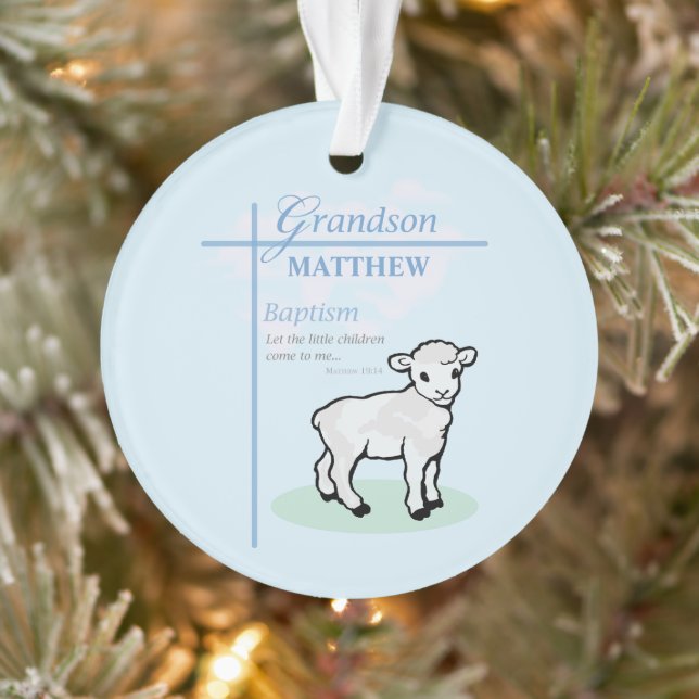 Grandson Baptism Blue Boy Lamb Personalised Ornament (Tree)