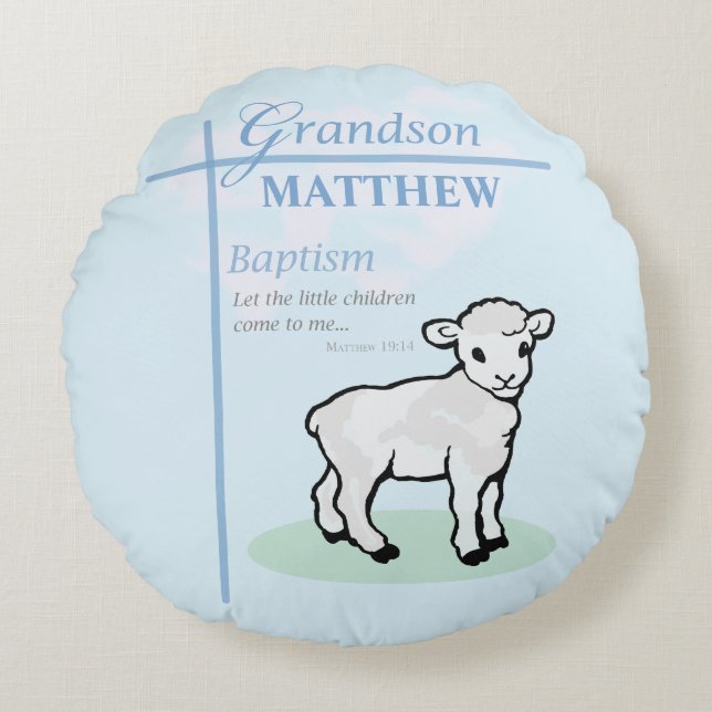 Grandson Baptism Blue Boy Lamb Personalised Round Cushion (Front)